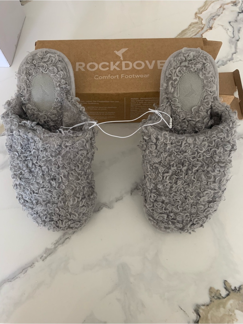 RockDove Grey Curly Faux Shearling Slippers. The size is 7/8